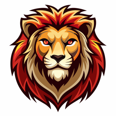Fierce lion head with fiery mane. Intense gaze, powerful illustrationのイラスト素材