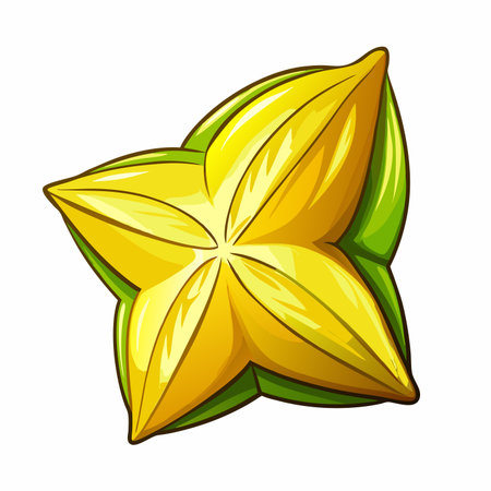Yellow star fruit, five points, with green border. Isolated, cartoon styleのイラスト素材