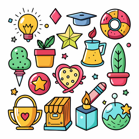 Colorful sticker set with various icons, including a lightbulb, plant, and heartのイラスト素材