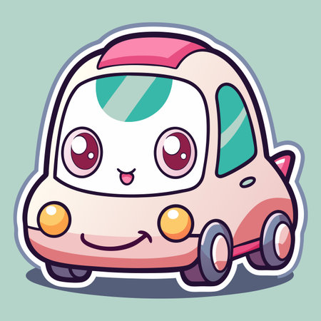 Cute, cartoonish, pink and white car with big eyes and a smiling face. Isolated on a light backgroundのイラスト素材