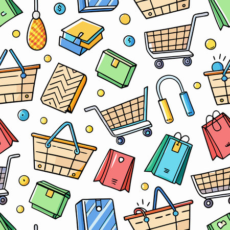 Seamless pattern shopping carts, baskets, bags, wallets, coins. Doodle-style colorful illustrationのイラスト素材