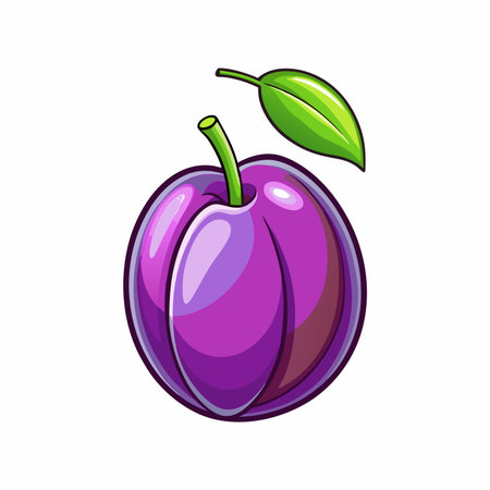 Ripe purple plum illustration. One green leaf. Isolatedのイラスト素材