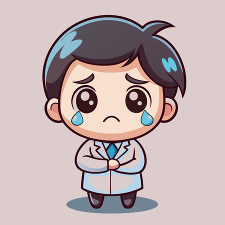 Cartoon doctor crying, wearing lab coat. Large, sad eyes and tears flowingのイラスト素材