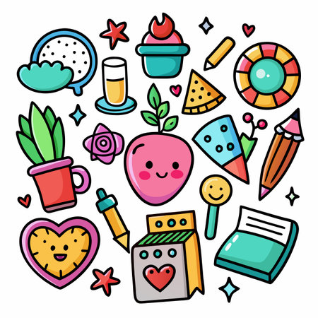 Colorful doodles of various objects including food, plant, heart clock and desk objectsのイラスト素材