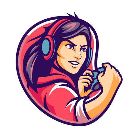 Cartoon woman with headset and controller. Gaming. Focused expression, vivid colorsのイラスト素材