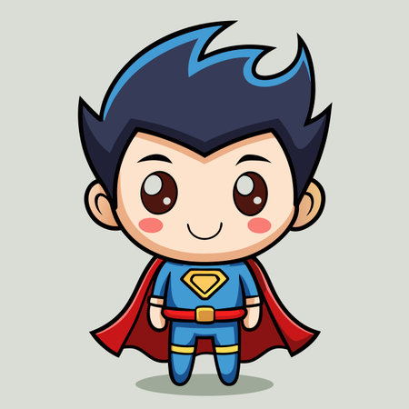 Cartoon superhero with blue suit, red cape, and black hair smiles on a light grey backgroundのイラスト素材