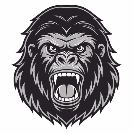Vector head of an angry gorilla with mouth open, fangs bared, monochrome, gray shadesのイラスト素材