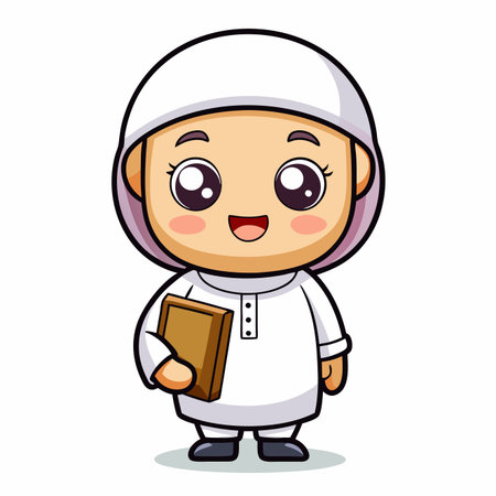 Cartoon drawing of smiling child in a traditional Muslim head covering holding a bookのイラスト素材