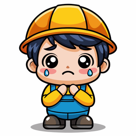 Cute, sad cartoon construction worker with helmet and overalls. Tears running down faceのイラスト素材