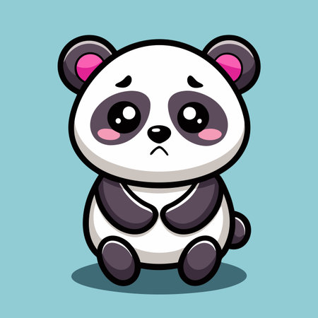 Cartoon panda sitting. Sad eyes. Black and white fur. Pink earsのイラスト素材