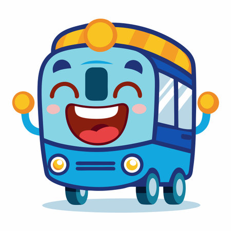 Cheerful, blue cartoon bus with rosy cheeks, smiling widely on a plain white backdropのイラスト素材