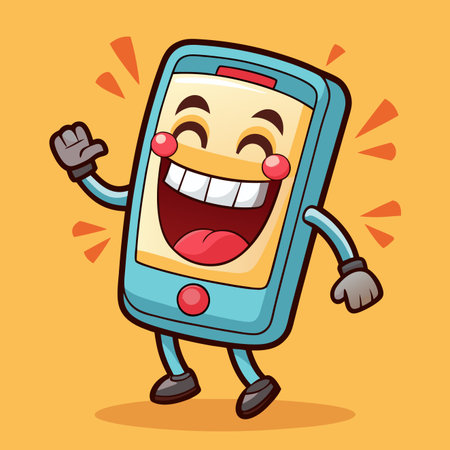 Cartoon cellphone with smiling face, arms, and legs on yellow background. Energetic and fun designのイラスト素材