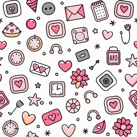 Cute doodles hearts, flowers, time, stationery on whiteのイラスト素材