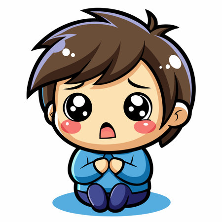 Worried cartoon boy, big eyes, rosy cheeks, holding hands to chest, sittingのイラスト素材