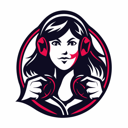 Girl with headphones emblem in red and dark tones with a determined expressionのイラスト素材