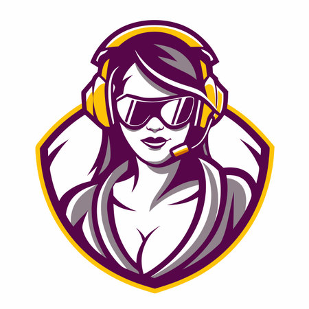 Cartoon gamer girl in yellow headset and shield, wearing a robeのイラスト素材