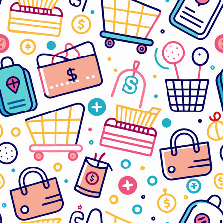 Colorful shopping pattern. Carts, bags, price tags, soda, circles &amp; pluses. Vector design on whiteのイラスト素材