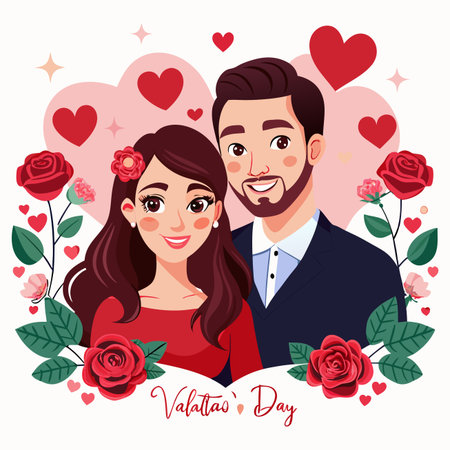 Loving couple with hearts, roses, and text. Valentine's Day themed illustrationのイラスト素材