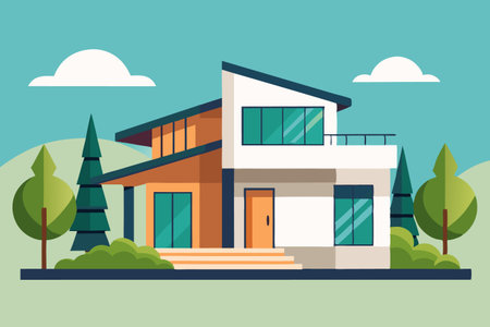 Modern home illustration exterior, clouds, trees, and clean designのイラスト素材
