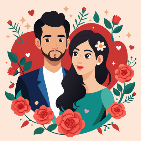 Couple portrait surrounded by roses, leaves, hearts, and stars on a light backgroundのイラスト素材