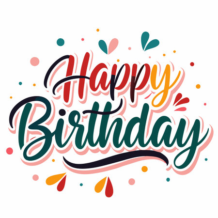 Happy Birthday&quot; lettering surrounded by colorful dots, teardrops, and hearts on a white backgroundのイラスト素材