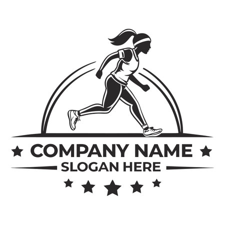 Running woman figure, arched shape above text and stars, monochrome vector designのイラスト素材
