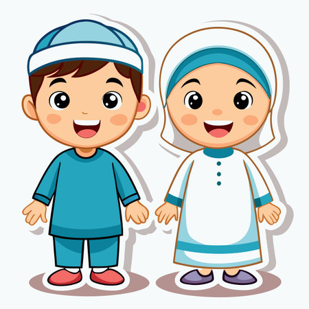 Two cartoon kids in traditional Islamic clothing, boy in blue, girl in white with hijabのイラスト素材