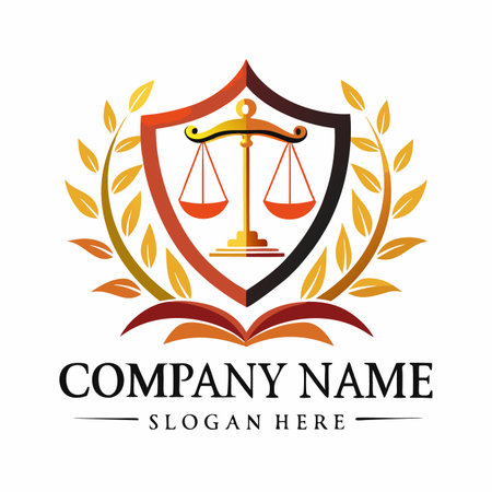 Law Scales of justice within a shield, book, and laurel wreath. Gold, orange, and brown tonesのイラスト素材