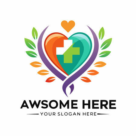 Colorful heart with a medical cross, embraced by foliage and a heart aboveのイラスト素材