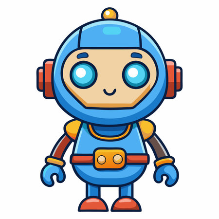 Cute cartoon robot, light blue, orange, brown accents. Smiling expressionのイラスト素材