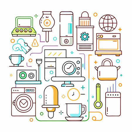 Colorful line art icons of kitchen appliances and household objects in a square arrangementのイラスト素材