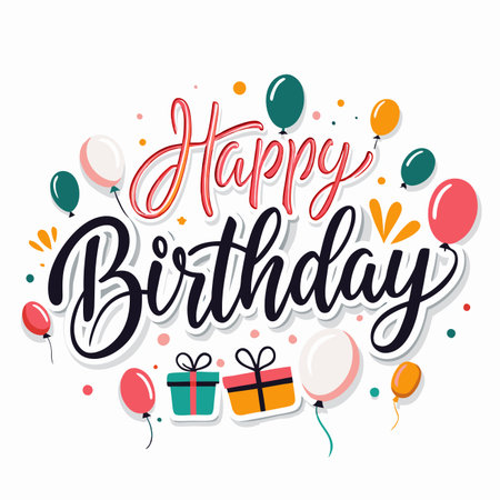 Birthday celebration with balloons, presents, and colorful confetti. A cheerful greeting with stylized textのイラスト素材