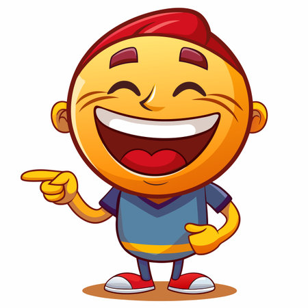 Smiling character with red hair, pointing. Cartoon design, friendly expression. Yellow and blueのイラスト素材