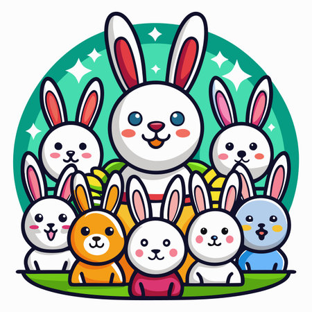 Bunny Bunch Cartoon illustration of happy rabbits in a group with a green backdrop and sparkling accentsのイラスト素材