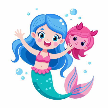 Mermaid with blue hair and pink tail, friendly crab wavingのイラスト素材