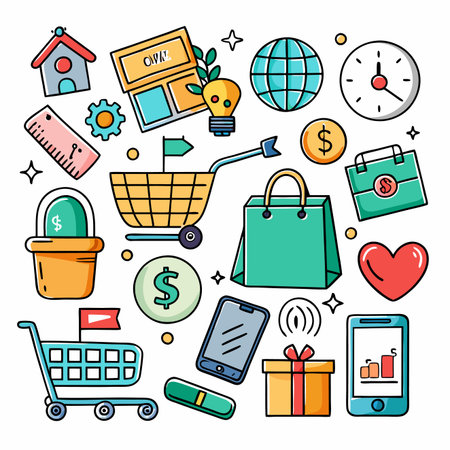 Shopping icons cart, phone, bag, presents, and money with colorful outline and flat fill styleのイラスト素材