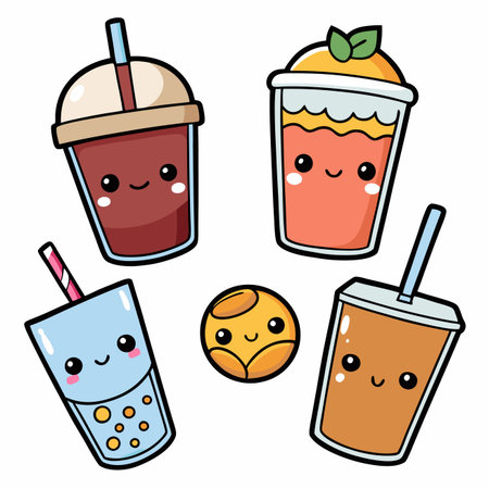 Cute stylized drinks with kawaii faces, including tea and bubbly beveragesのイラスト素材