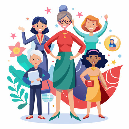 Empowered Diverse women, various ages, stand strong, smiling, amidst floral &amp; star accentsのイラスト素材