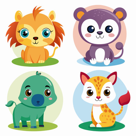 Four cute, colorful cartoon animal illustrations on patches of grass with circle backgroundsのイラスト素材