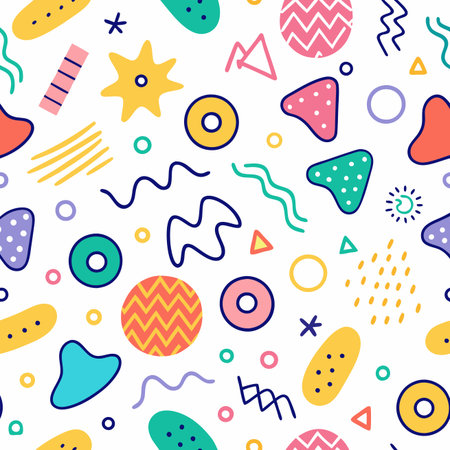 Playful pattern with vibrant shapes on a white background; whimsical designのイラスト素材