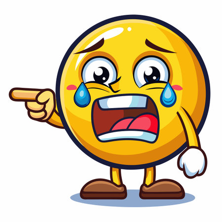 Crying emoji character with tears, pointing finger, mouth open. Feeling sad, upset, or disappointedのイラスト素材