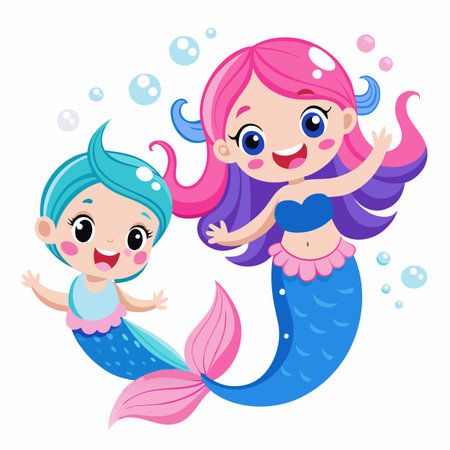 Mermaids Two cheerful mermaids with colorful hair and tails swim amongst bubblesのイラスト素材