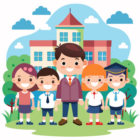 Smiling students and teacher in front of school building on a sunny dayのイラスト素材