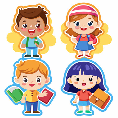 Happy cartoon kids ready for school, books, and backpacks on white backgroundのイラスト素材