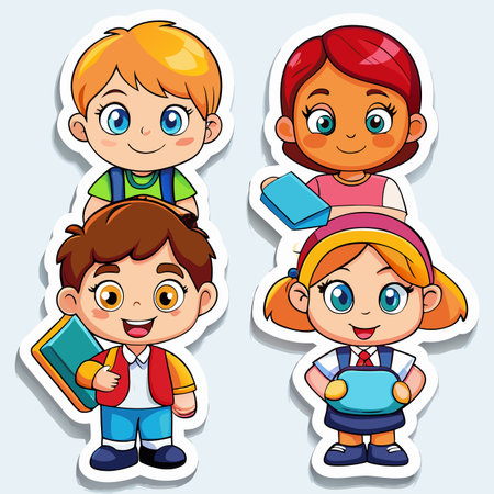 Cartoon schoolchildren in various poses, holding books and smiling happilyのイラスト素材