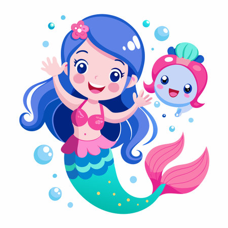 Cartoon mermaid with friend, pink top, turquoise tail and flower hair decoration smilingのイラスト素材