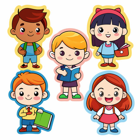 Diverse cartoon children smiling and holding books, symbolizing education and learningのイラスト素材