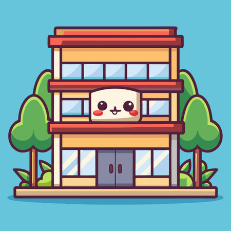 Cute cartoon building with happy facade, trees, and blue backgroundのイラスト素材