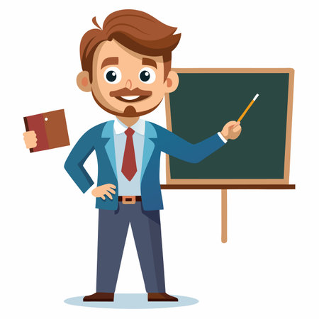 Instructor with pointer in front of a chalkboard, holding a book, against a plain backgroundのイラスト素材