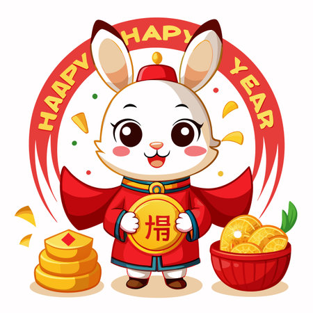 Rabbit New Year Cartoon rabbit celebrating. Holding coin, ingots. Festiveのイラスト素材